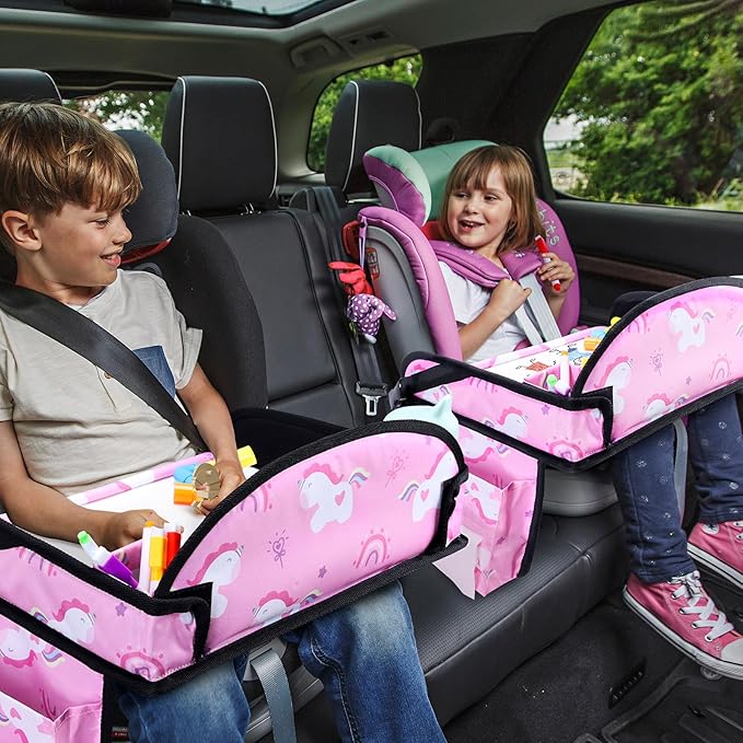 WENRENER Kids Travel Tray, Car Seat Tray for kids Travel, Toddler Road Trip Essentials With Drawing Kit, Toddler Lap Desk Organizer for Car, Carseat Table for Airplane