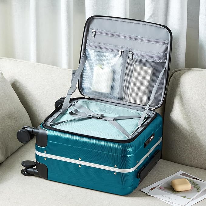 Hanke 16 Inch Small Carry On Luggage Hard Shell Top Opening Aluminum Frame Suitcase with Spinner Wheels, Underseat Front Open Luggage for Men & Women Business Travel and Short Trips, Caribbean Blue