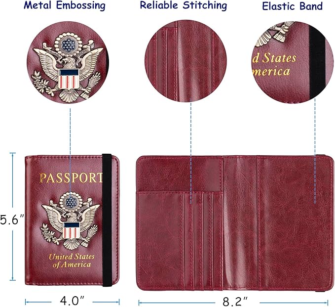 TOURSUIT RFID Blocking Passport Holder for Women Men, Leather Passport Travel Wallet with Metal 3D Metal Badge, Travel Document Holder Cover Accessories (Rose Red)