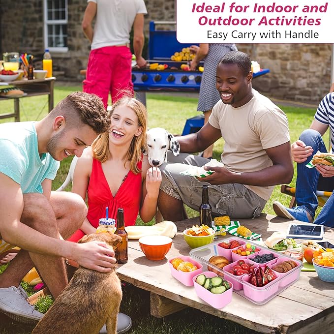 shopwithgreen Divided Serving Tray with Lid and Handle, Portable Snackle Box Charcuterie Container for Party, Veggies, Fruits, Nuts, Candy, Food Tray Platter Snack Box for Entertaining, Picnic, Pink