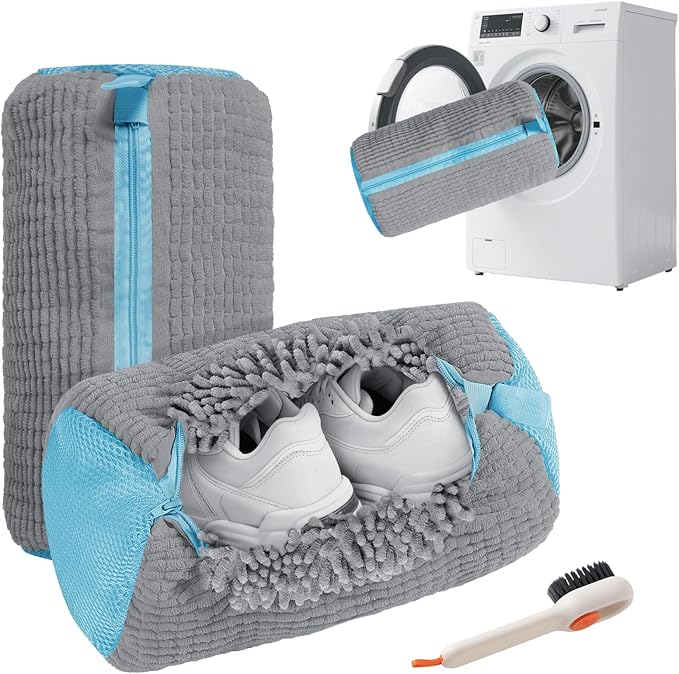 Shoe Washing Machine Bag - 2Pack Laundry Shoe Bag for Washer and Dryer, Reusable Shoe Cleaning Bag for All Shoe Sizes, 360° Deep Clean for Tennis Shoes, Sneakers, Includes 1 Brush (grey)
