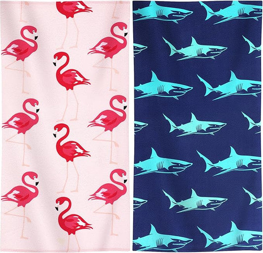 Genovega 2 Packs Oversized Beach Towel Set Extra Large Big XL Pool Camping Swim Clearance Towels 36x72 Soft Blanket Cruise Essentials Accessories Must Haves Vacation Necessities Adult Shark Flamingo