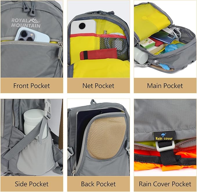 Small Hiking Backpack With Rain-cover, 20L Travel Backpacks For Women Men, Camping Daypack Backpacks Lightweight, Durable Hiking Backpack Fit For Camping, Daily Commuting, Short Trips (Grey)