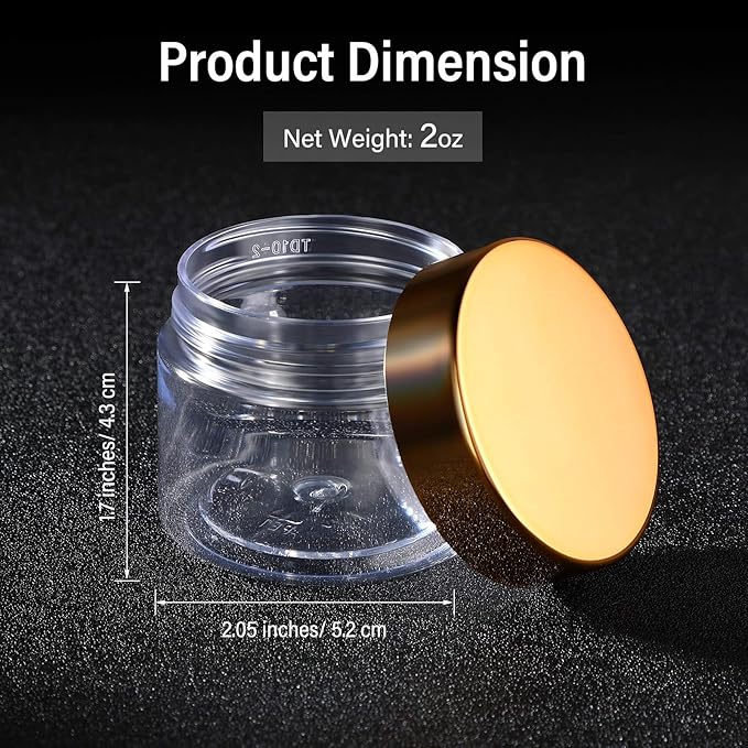 SATINIOR 12 Pack Plastic Container Jars with Lids Round Clear Travel Cosmetic Container Jars for Toiletries, Lotion, Cream, Ointments, Makeup, Rhinestone, Samples, Kitchen Storage(2 oz,Gold)