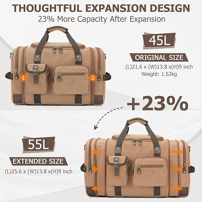 THYWD Canvas Duffle Bag for Travel Men and Women, 55L Expandable Large Overnight Weekender Luggage Bag, Vintage Carry on Bags for Airplanes, Travel, Hospital Labor Delivery, Camping, Gym