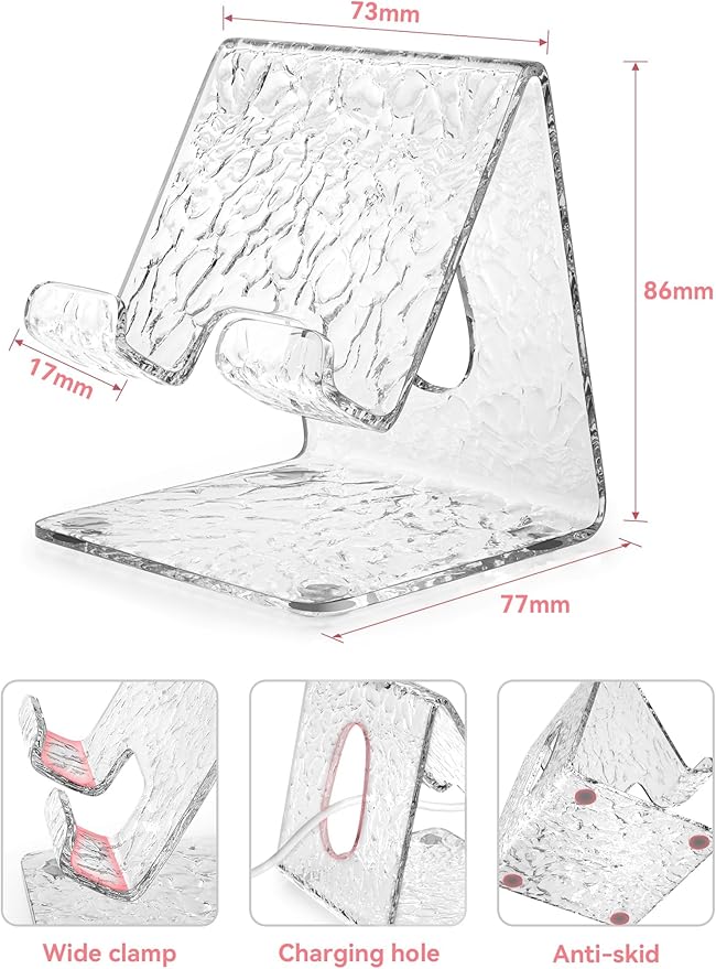 TOPGO Acrylic Cell Phone Stand, Clear Phone Holder for Office Desk, Vanity, Kitchen Counter, Bedside Table, Compatible with iPhone 17 16 15 14 13 12 11 Pro Max Plus/Smartphones/iPad/Switch/Kindle