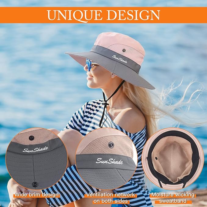Sun Hats for Women Beach Hat Ponytail Hat Womens Sun Hat with UV Protection Wide Brim