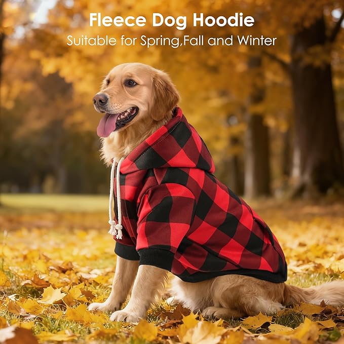 BAOBICUTE Dog Basic Hoodie Soft Dog Clothes Cold Weather Sweaters for Medium Large Dogs Cozy Fabric Warm Sweatshirt with Leash Hole (Red Plaid, M (Back: 16.54",Chest: 22.05", Neck: 16.54"))