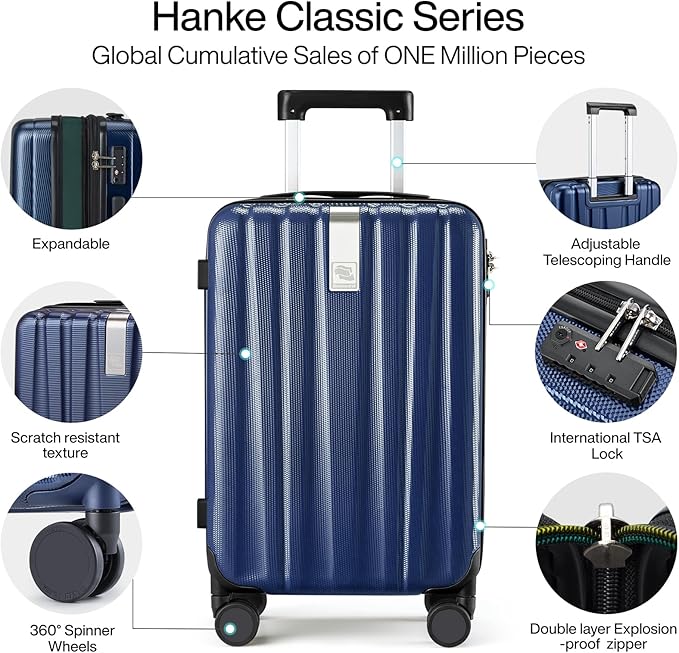 Hanke 20 Inch Expandable Carry on Luggage 22x14x9 Airline Approved Lightweight PC Hard Shell Suitcases with Wheels Travel Luggage Rolling Suitcase Travel Luggage Bag for Weekender(Dark Blue)