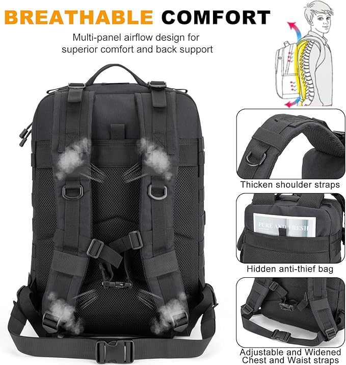 Tactical Backpack 45L Military Rucksack, Water Resistant MOLLE Assault Pack, Large 3 Day Bug Out Bag for Men & Women, Durable Outdoor Gear for Hiking, Camping, Hunting, Travel (Black)