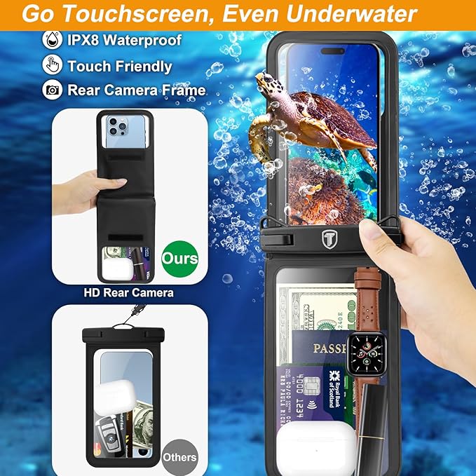 Takfox Double Space Waterproof Phone Pouch [2-Pack], Dual Large Cellphone Dry Bag Case for Samsung Galaxy S25 Ultra S24 S23 S22 A16 A15 A14 A36 iPhone 16 Pro Max Fit All Phones Up to 7"-Black/Black