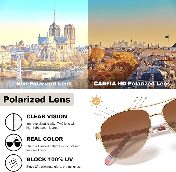 CARFIA Retro Trendy Pilot Sunglasses for Women Polarized UV Protection, Lightweight Outdoor Driving Lady Sunnies Metal Frame