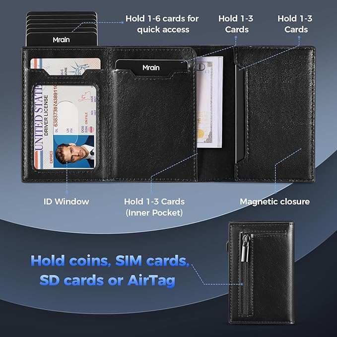 Mrain Mens Slim Minimalist Wallet Card Holder with Coin Pocket, Cash Slot, Magnetic Closure, Pop Up Aluminum Case, ID Window, Leather Wallet, RFID Blocking, 9-13 Card Capacity (Wax Black)