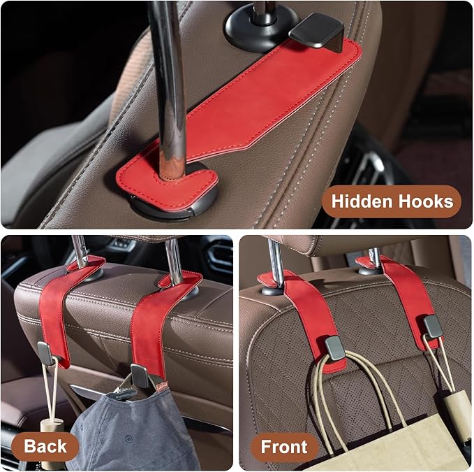 CoBak Headrest Hooks for Car - Universal Premium Stitched Leather and Aluminum-Magnesium Alloy Single Car Seat Back Storage Hook for Purses, Handbags, Bags (2 Pack),Gypsophila Pink