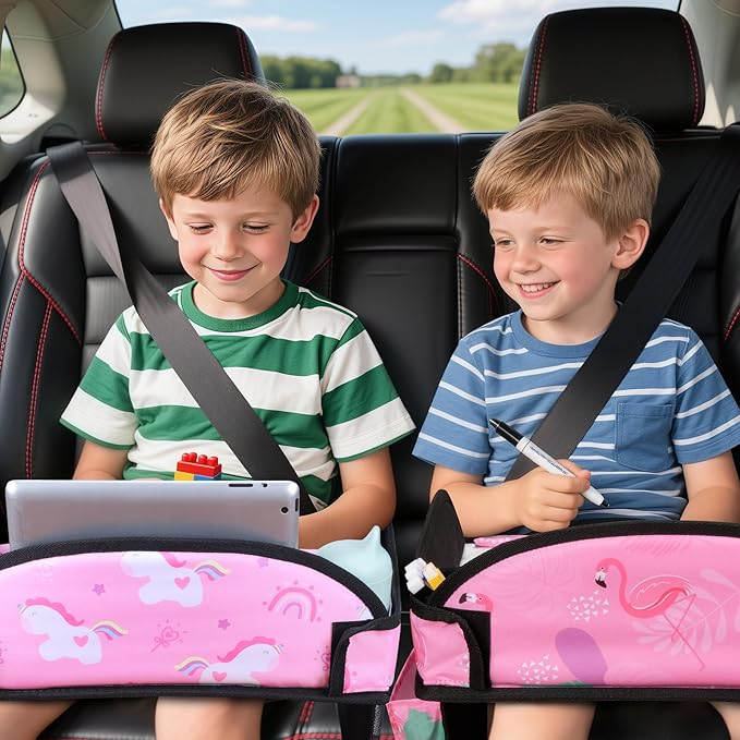 WENRENER 2PCS Kids Travel Tray, Car Seat Tray for kids Travel, Toddler Road Trip Essentials With Drawing Kit, Toddler Lap Desk Organizer for Car, Carseat Table for Airplane