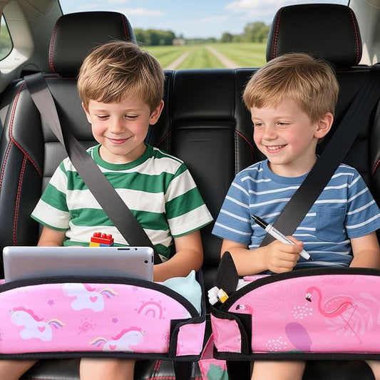 WENRENER 2PCS Kids Travel Tray, Car Seat Tray for kids Travel, Toddler Road Trip Essentials With Drawing Kit, Toddler Lap Desk Organizer for Car, Carseat Table for Airplane