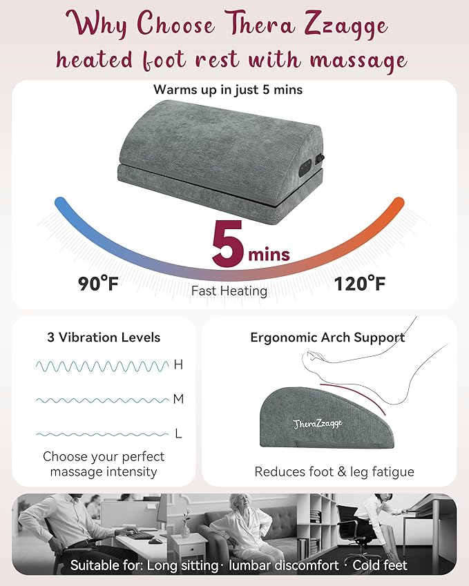 Heated Foot Rest for Under Desk at Work, Foot Stool with Vibration Massage, 2 Heat Levels, Adjustable Height, Ergonomic Memory Foam Feet Warmer Heater Footrest Under Desk for Gaming & Office Home