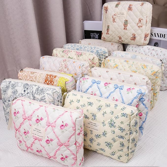 2PC Makeup Bag Set, Cute Cosmetic Bag for Women Girls, Floral Coquette Aesthetic Toiletry Bag, Travel Make Up Organizer Bag (Folk Style)