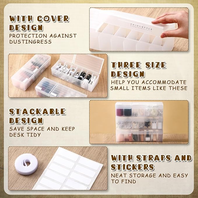 3 Pack Clear Cable Organizer Box with Wire Ties and Label, Plastic Cord Charger Storage Box with Lid Stackable Cable Storage Wire Case for Desk Drawer Office Home Organization and Accessories