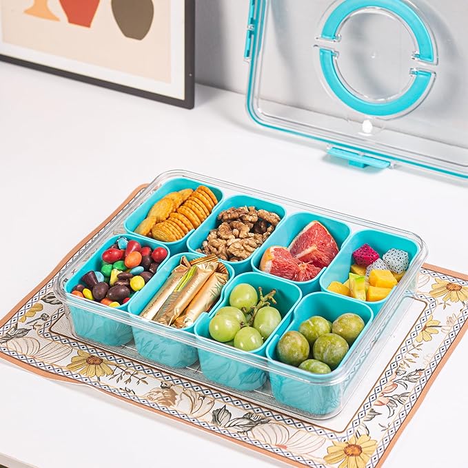 Divided Serving Tray with Lid and Handle - Snackle Box Charcuterie Container for Portable Snack Platters Organizer for Candy, Fruits, Nuts, Snacks - Perfect for Party, Entertaining, Lake blue