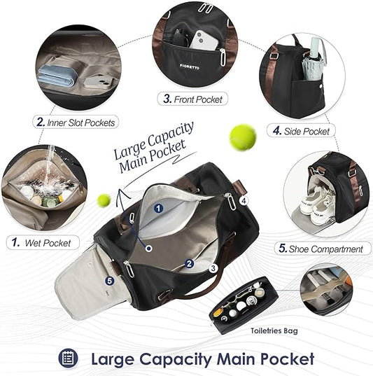 FIORETTO Womens Gym Tote Duffle Bag with Toiletry Bag, Sports Duffel Overnight Hospital Workout Carry on Bag for Girls with Wet Pocket & Shoe Compartment, Ideal for Travel, Swimming, Black & Brown