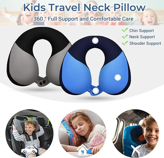 COOLBEBE Kids Travel Neck Pillow, Softly Headrest Travel Pillow for Car & Airplane, Traveling Gifts for Toddler & Children (Black & Blue)