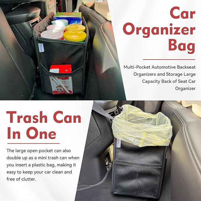 Upgraded Extra Large Car Seat Organizer Backseat with 3 Storage Pockets, Multipurpose Car Organizer Hanging Car Trash Bag Can Premium PU Leather Garbage Can 3 Gallon Large Capacity, Black.