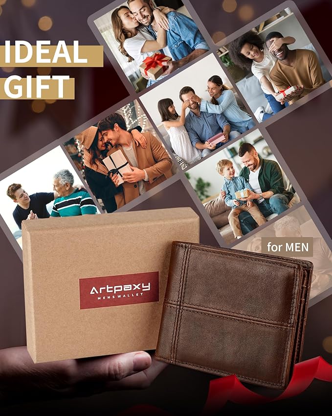 Artpaxy Mens Wallet Bifold Genuine Leather RFID Blocking Wallet for Men with 1 ID Window 13 Card Holders 2 cash pockets 1 Gift Box