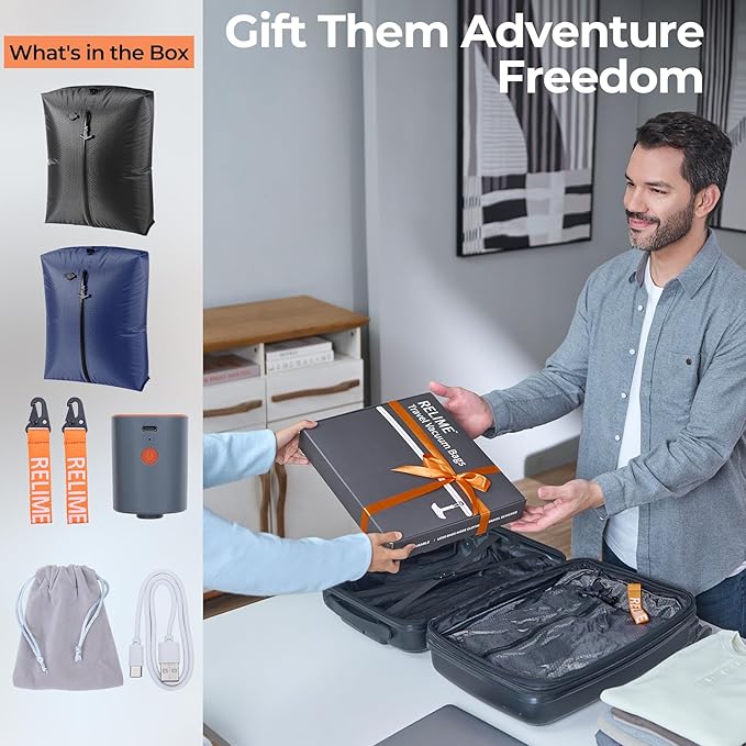 Classic Series Vacuum Bags for Travel Luggage with Wireless Pump, Compression Bags for Carry On Suitcases and Backpack, Vacuum Seal Packing cube for Cloth Packing (2PC + PUMP Gray & Blue)