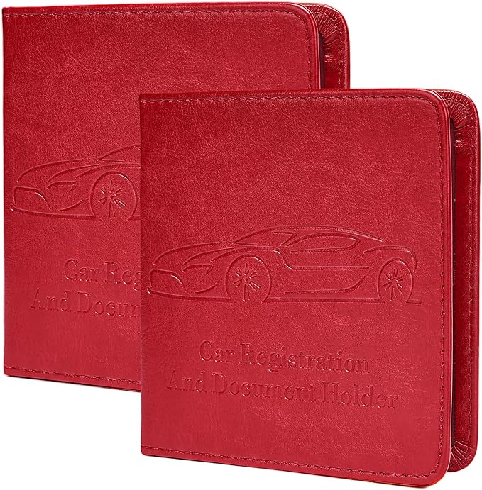 2-Pack Car Registration and Insurance Holder, Car Organization Vehicle Document Organizer with Magnetic Closure for Cards, License in Glove Box, Red