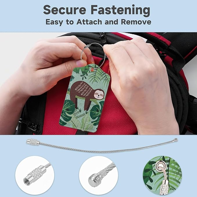 Cute Sloth Luggage Tags for Suitcases,2 Pack Palm Luggage Tag,Leather Stainless Steel Loop Label Tag for Women Men Girls Travel Bag Suitcase
