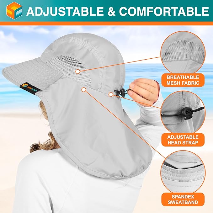 SUN CUBE Wide Brim Sun Hat with Neck Flap, UPF50+ Hiking Safari Fishing Hat for Men Women, Sun Protection Beach Hat