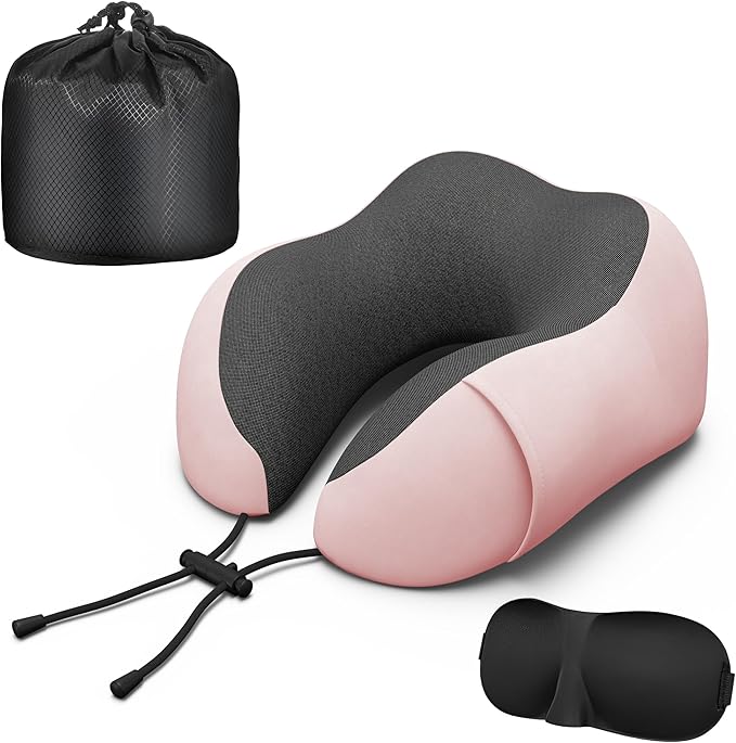 Neck Travel Pillow, Upgraded Memory Foam Pillow for Airplane, Machine Washable, Adjustable Flight Pillow, Suitable for Sleeping Airplane, Car, Office and Home (Pink)