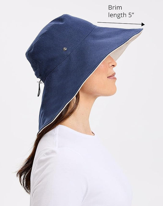 Solbari Women’s Ultra-Wide Cotton Linen Sun Hat UPF 50+, Packable, Adjustable with Ponytail Hole for Travel, Beach & Outdoors