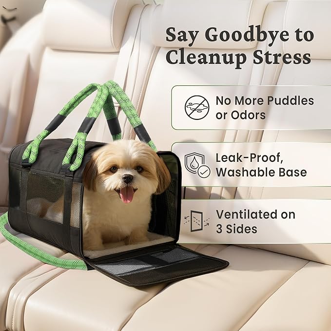 FLUFFY COMMUTE™ TSA Airline Approved Dog Carrier | Soft-Sided | Fits Small Dogs & Pets Up to 15 lbs & 17” Long × 11” Tall | Black w/Green Handle
