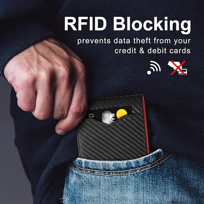 GSOIAX Mens Slim Wallet for Men Minimalist Genuine Leather Carbon Fiber Rfid Blocking Bifold Credit Card Holder With Gift Box (Black and Red)