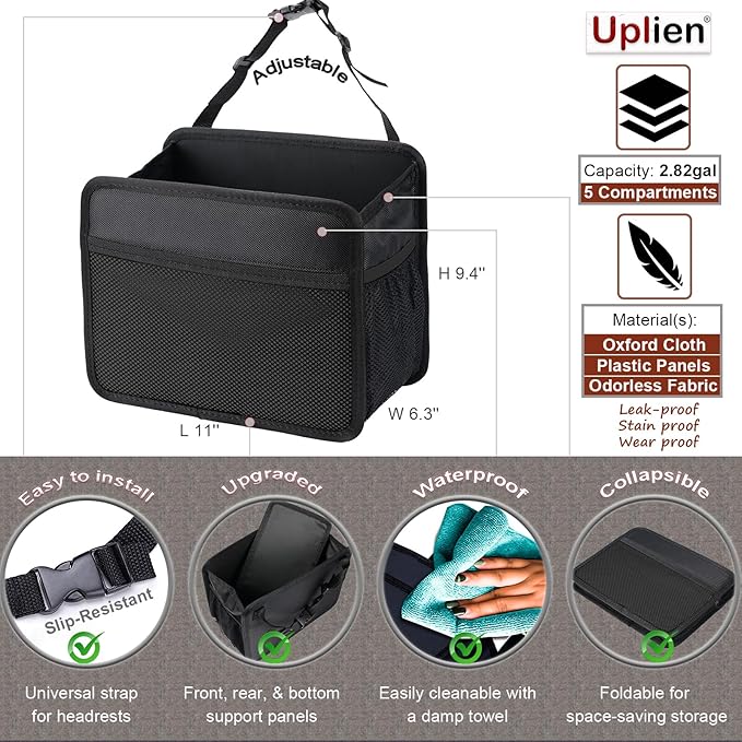 Car Seat Back Organizer Hanging Bag [2025 UPDATED] Foldable Backseat Storage Caddy with 5 Compartments & Adjustable Straps, Fits for Front/Back Headrest, Ultra-Durable - Black