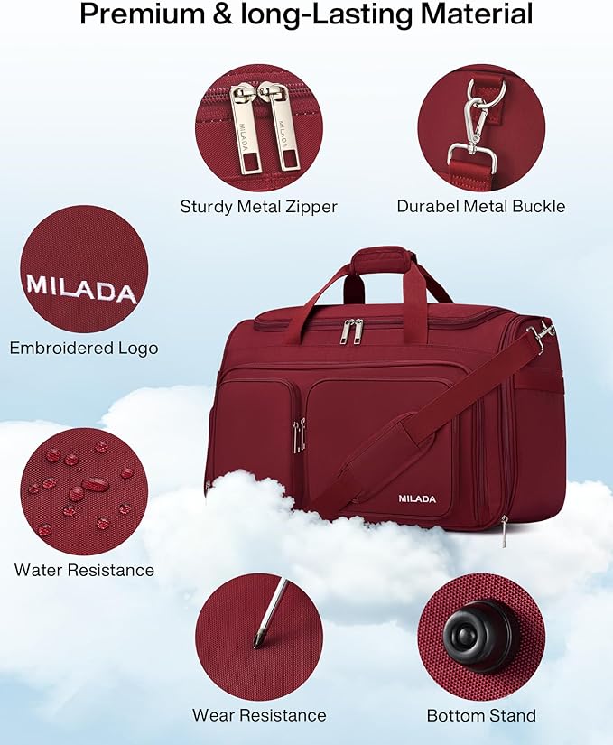 MILADA Carry On Luggage Bags for Travel Large Foldable Duffle Bag for Travel Lightweight Personal Bags for Airplanes Weekend Overnight Bags for Women Mens Travel Bag, Burgundy