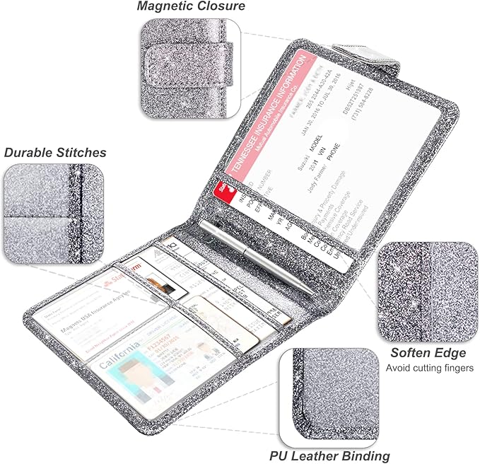 Car Registration & Insurance Holder - Premium Leather Document Organizer for Cards, Essential Documents, Driver License - Gray Glitter