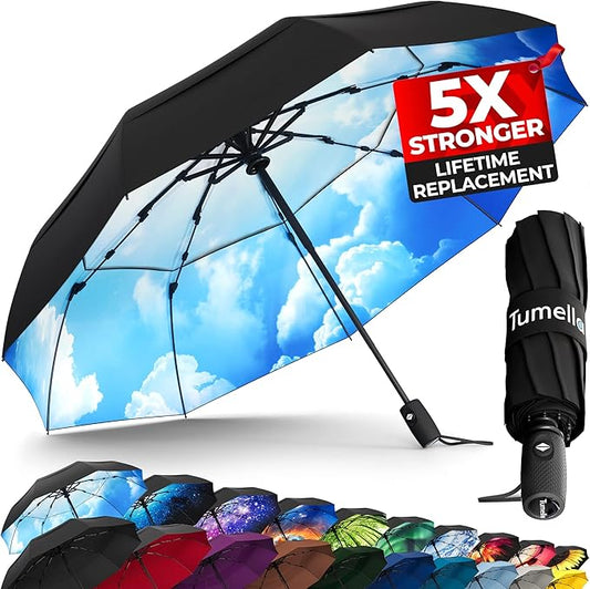 TUMELLA Strongest Windproof Travel Umbrella (Compact, Superior & Beautiful), Small Strong but Light Portable and Automatic Folding Rain Umbrella, Durable Premium Grip, Fits Car & Backpack