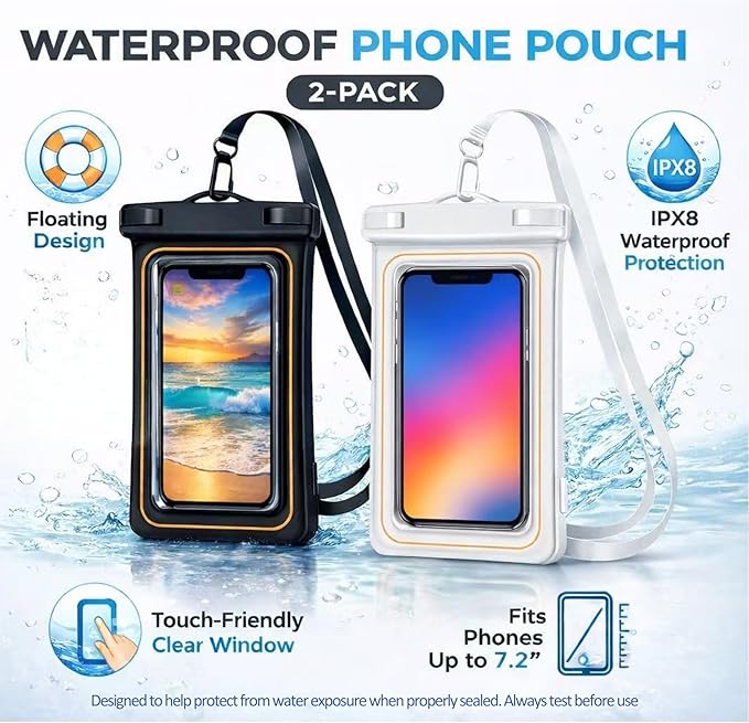 2-Pack IPX8 Floating Waterproof Phone Pouch, Dry Bag with Lanyard, Fits up to 7.2”, Compatible with iPhone 16/15/14/13 Pro Max, Galaxy S25/S24 Ultra, Pixel for Snorkeling, Kayaking (White-White)