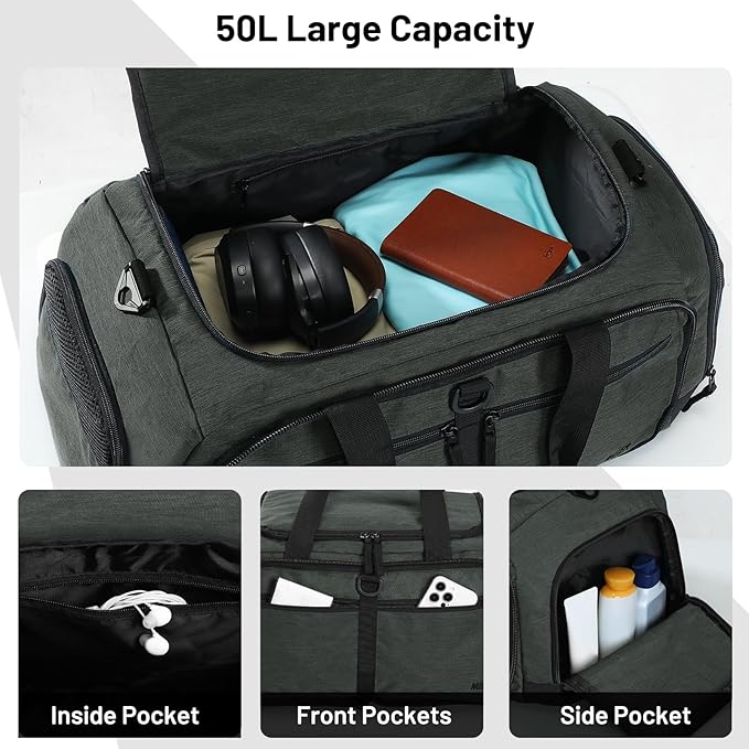 MIER Foldable Duffle Bag with Shoe Compartment 50L Travel Duffel Bags for Men Women Packable Overnight Bag for Camping Gym Weekender, Green Gray