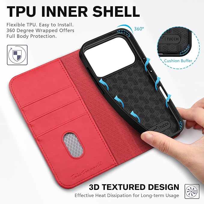 TUCCH Case Wallet for iPhone 17 Pro (6.3") 2025, RFID Blocking, 3 Card Holders, Kickstand, PU Leather, Protective Flip Folio Cover, TPU Shockproof Interior Shell, Bright Red