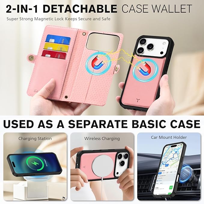 TUCCH Detachable Crossbody Wallet Case for iPhone 17 Pro 6.3", 9 Card Slots RFID Blocking | Stand | Lanyard Wrist Strap | Wireless Charging | Zipper Pocket | PU Leather Magnetic Flip Cover | Rose Gold