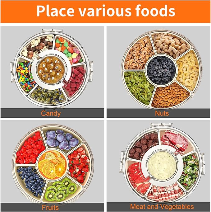 Divided Serving Tray with Lid and Handle, Portable Snackle Box Container for Fruits Snacks Charcuterie Organizer, Spinning Rounded Veggie Tray for Kitchen, Party, Travel and Picnic