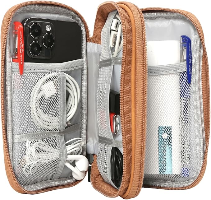 Travel Cable Organizer Pouch Electronic Accessories Carry Case Water Resistant Accessories Organizer Pouch Bag for Cable, Cord, Charger, USB, Phone, Power Bank, Earphone (Brown, Medium)