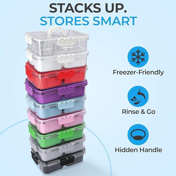 Snackle Box Container with Lid- Travel Charcuterie Box with Handle - Organizer for Candy, Fruit, Nuts, Veggies, Snacks, Beach Essentials, Portable Lunch Box (Blue, Small)