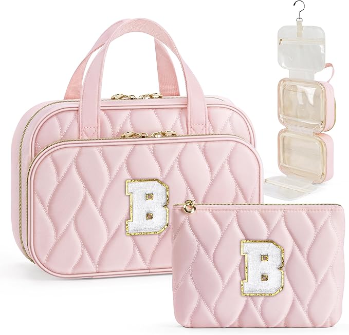 YOOLIFE Personalized Birthday Gifts for Women Teen Girls - Hanging Toiletry Bag Makeup Bag for Women Girls, Initial Toiletry Bag Makeup Bag, Letter B, Pink
