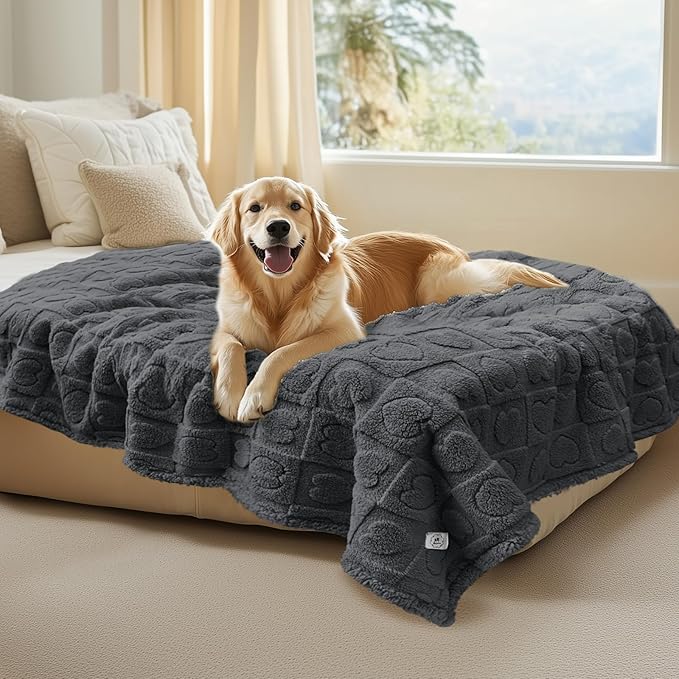 Luciphia Waterproof Dog Blanket for Medium Large Dogs Washable Bed Couch Protector Soft Fluffy 3D Heart Jacquard Pet Blanket with Sherpa Fleece Cozy Calming Throw Blankets，Grey 85x57 inch