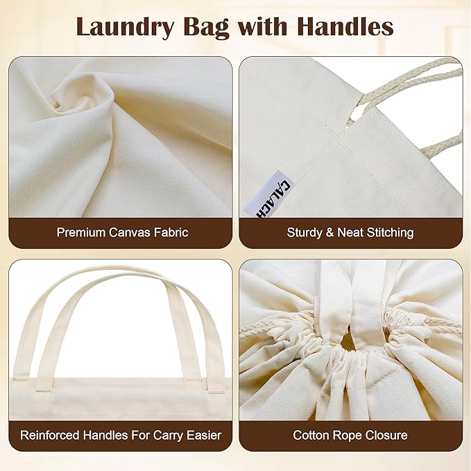 Canvas Laundry Bags with Handles & Square Base13.8"x 13.8", Large Heavy Duty Laundry Hamper Bag, College Dorm Washable Drawstring Cotton Dirty Clothes Sack (Beige,2 Pack)
